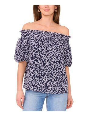 Sam & Jess Womens Printed Smocked Off-The-Shoulder Top Navy Blue Size L MSRP $69